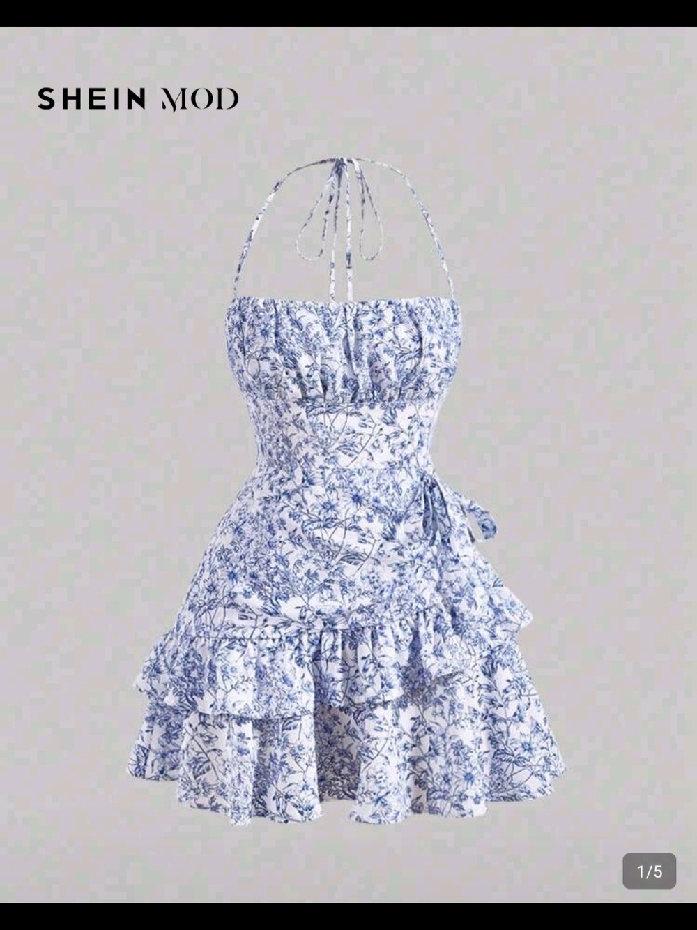 SHEIN MOD Blue & White Floral Halter Ruffle Mini Dress